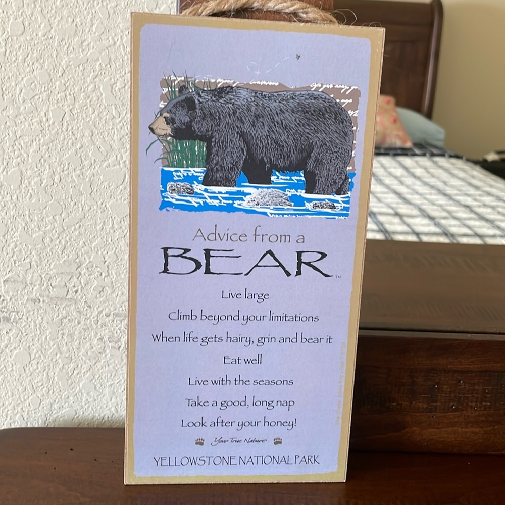 “Advice from a Bear” wood wall sign.